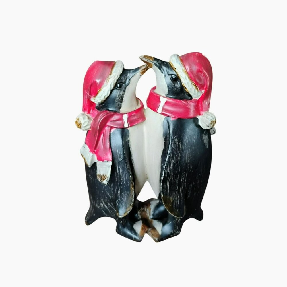 Penguin Couple Figurine, Pair Kissing in Santa Hats, Vintage Christmas Decor